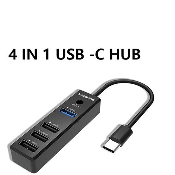 XSSIVE Hub 4 In 1 USB Naar Type-C Adapter - Zwart
