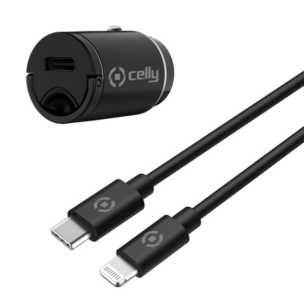 CELLY Adapter Auto USB-C Poort met Lightning Kabel - Zwart
