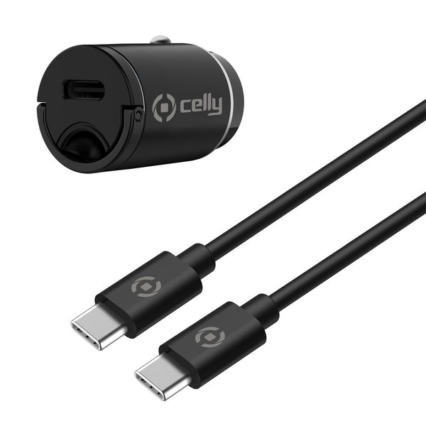 CELLY Adapter Auto USB-C Poort met USB-C naar USB-C Kabel - Zwart