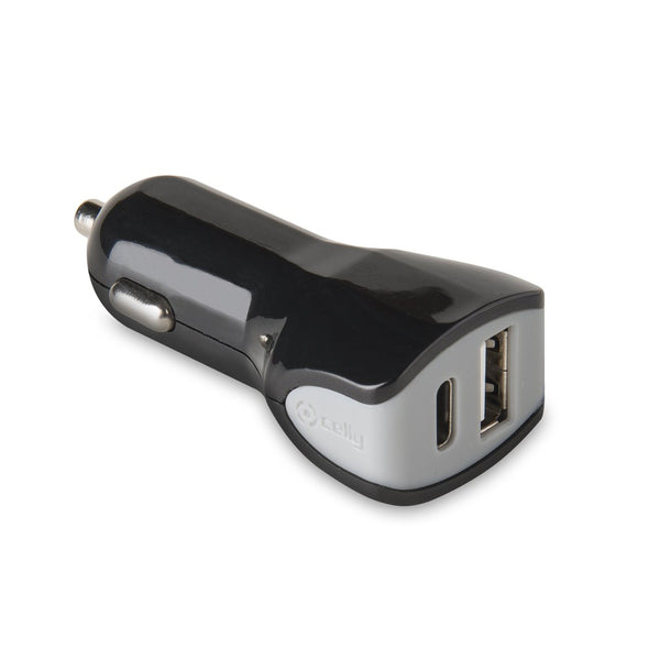 CELLY Auto-oplader USB- C/ USB - Zwart
