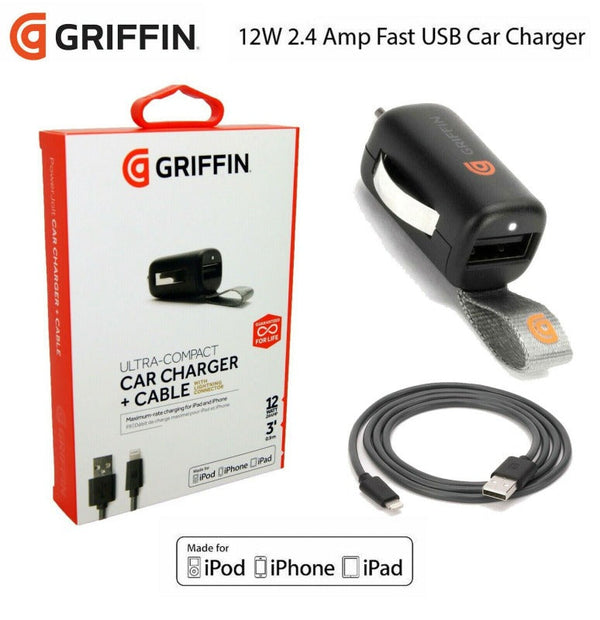 Griffin USB Car Charger 12v 2.4A + Cable with Lightining Connector